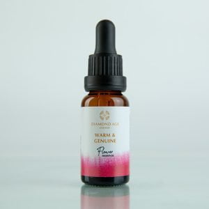 15 ml dropper bottle of flower essence called warm and genuine which helps us to be free from the fear of connecting with others and feel safe to connect with a warm and genuine way.