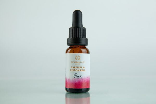 15 ml dropper bottle of flower essence called carefree and responsible which helps us to release guilt of happiness and to be able to be carefree and responsible at the same time.