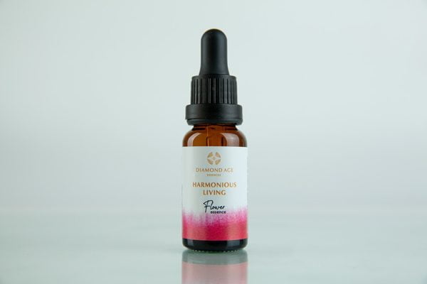15 ml dropper bottle of flower essence called harmonious living which helps us to stop struggling with life and learn to live and evolve through harmony.