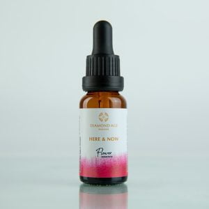15 ml dropper bottle of flower essence formula called here and now which helps us to be free from the anxiety of past and of the future and live life in the freshness of the here and now.