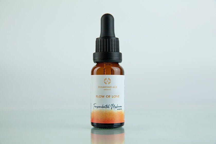 15 ml dropper bottle of mushroom essence called flow of love which helps the energy of love to flow into our being and be expressed in our life.