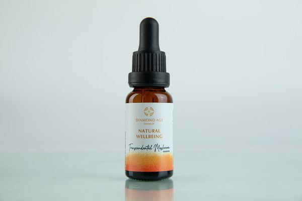15 ml dropper bottle of mushroom essence called natural wellbeing which helps us to recognise and embrace the natural sense of wellbeing of our true self