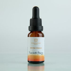 15 ml dropper bottle of mushroom essence called divine female which helps us connect with divine aspect of the female energy inside of us