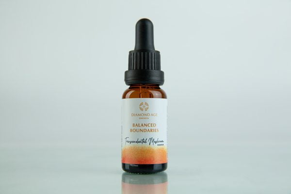 15 ml dropper bottle of mushroom essence called balanced boundaries which helps us create clear and balanced boundaries