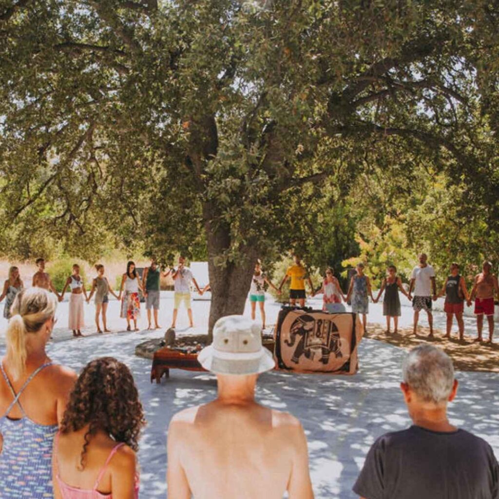 people holding hands in meditation around a tree